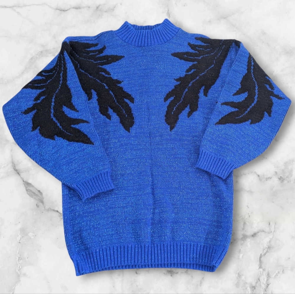 1980's Sparkly Royal Blue With Big Black Palm Leaf Design Knit Sweater Ellen-D